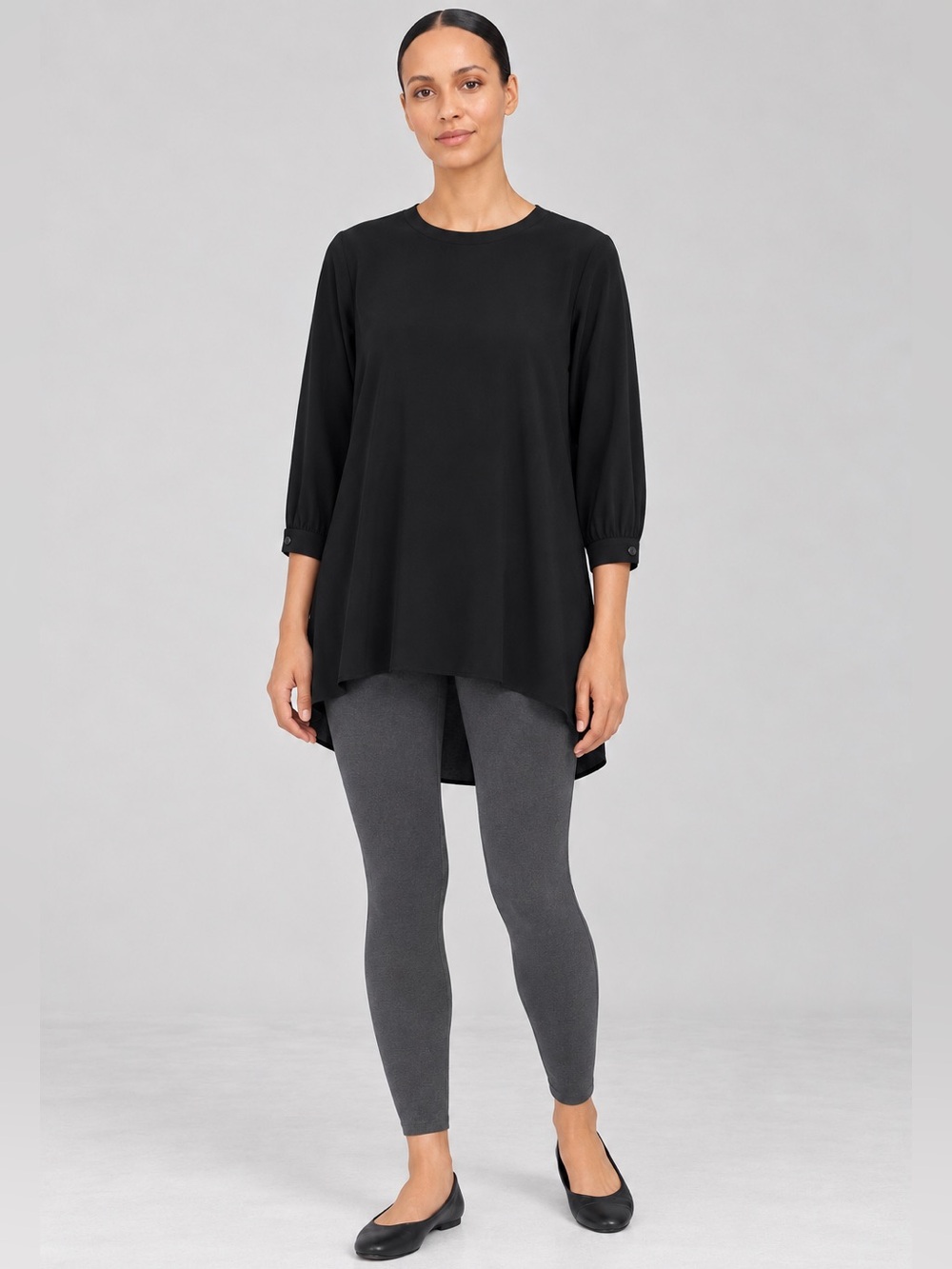 EILEEN FISHER Silk Georgette Crepe Hi - Lo Tunic Black Size XL